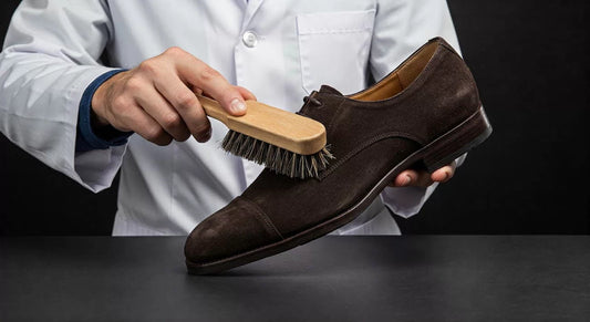 A person wearing a white lab coat using a wooden bristle shoe brush to gently clean the upper of a dark brown suede Oxford dress shoe.