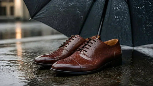 A pair of polished brown leather cap-toe Oxford shoes covered in light water droplets, resting on wet outdoor pavement underneath an open black umbrella for rain protection.