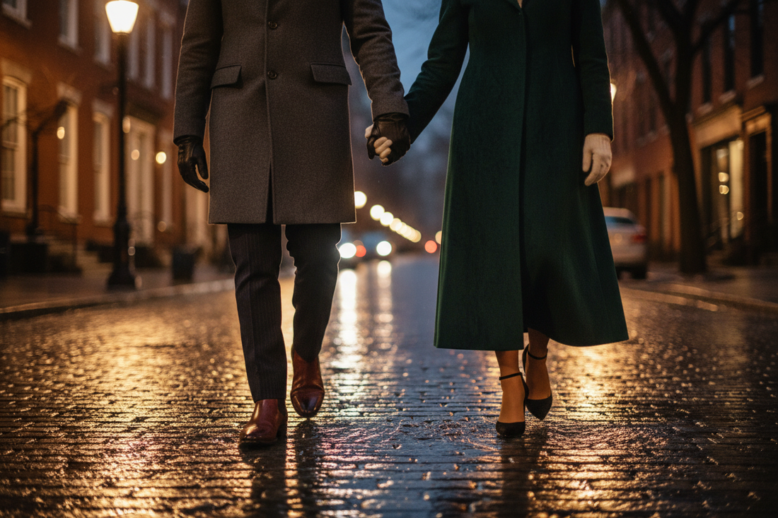 A shot of a Romantic couple holding hands while walking on wet cobblestone street at night in the city, winter evening date atmosphere