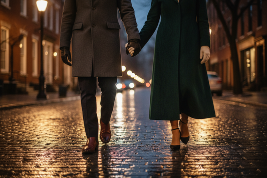 A shot of a Romantic couple holding hands while walking on wet cobblestone street at night in the city, winter evening date atmosphere