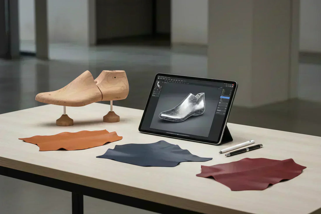 A professional editorial shot of a modern footwear design workspace featuring a digital tablet displaying a sophisticated 3D shoe model interface, a physical wooden shoe last, and premium leather swatches in tan, navy, and burgundy.