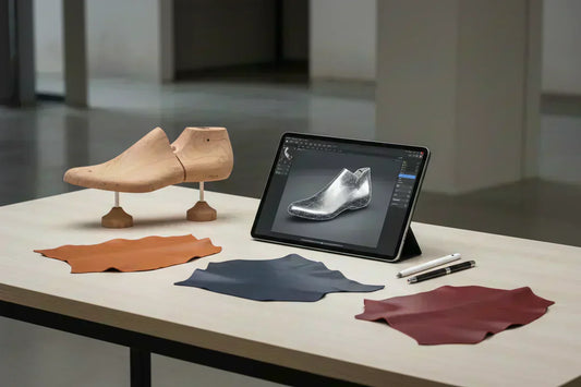 A professional editorial shot of a modern footwear design workspace featuring a digital tablet displaying a sophisticated 3D shoe model interface, a physical wooden shoe last, and premium leather swatches in tan, navy, and burgundy.