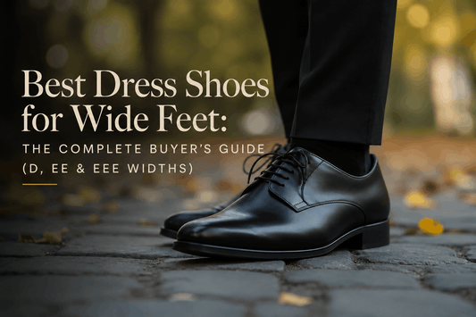 An informational banner image titled "Best Dress Shoes for Wide Feet," displaying a close-up of a person standing outdoors on a cobblestone surface wearing polished black leather Derby shoes.