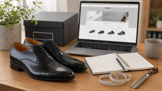A pair of handcrafted black calfskin leather Oxford shoes with brogue toe cap detailing on a wooden workspace, styled alongside an open laptop displaying an online shoe customizer, a shoemaker's measuring tape, a shoehorn, a planner, and a shoe box.