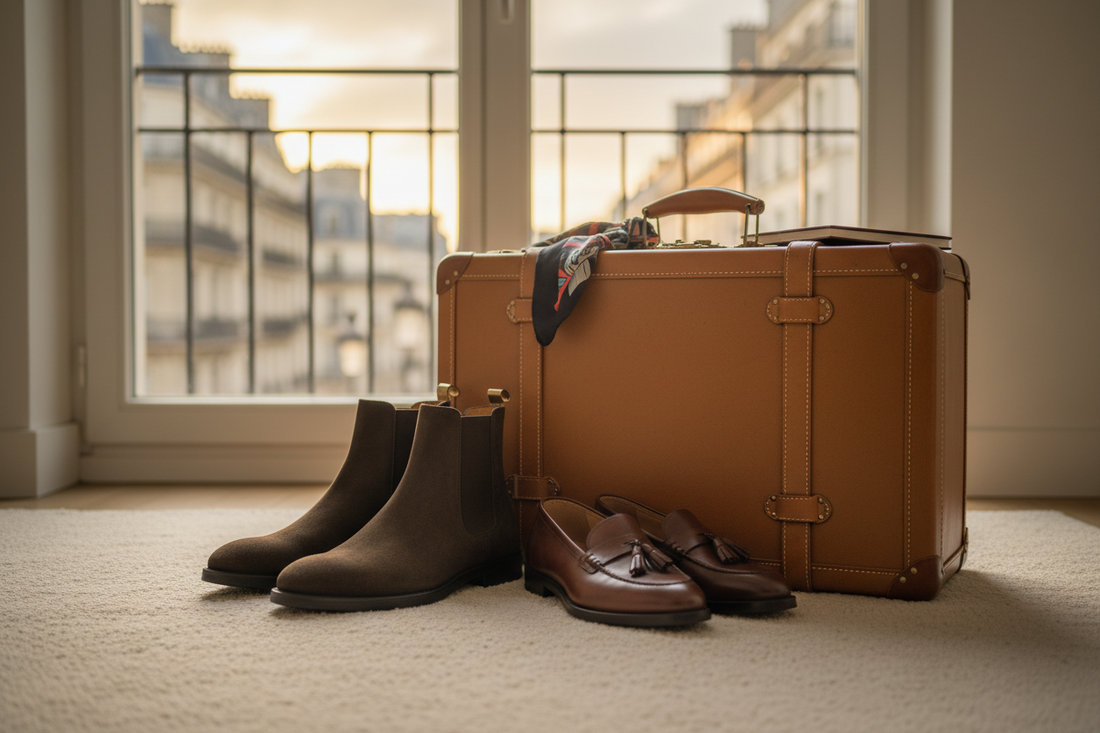 "Luxury men's travel footwear featuring brown suede Chelsea boots and leather tassel loafers; premium Globe-Trotter style leather trunk in a European hotel setting."