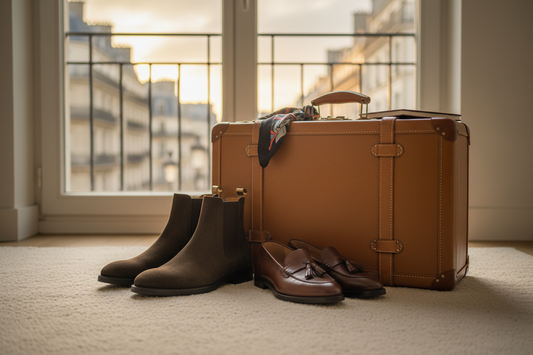 "Luxury men's travel footwear featuring brown suede Chelsea boots and leather tassel loafers; premium Globe-Trotter style leather trunk in a European hotel setting."
