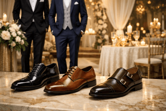 "Display of three men's formal leather shoes on a marble counter: a classic black cap-toe Oxford, a polished tan Derby, and a dark brown double monk strap shoe, with groomsmen in the background."