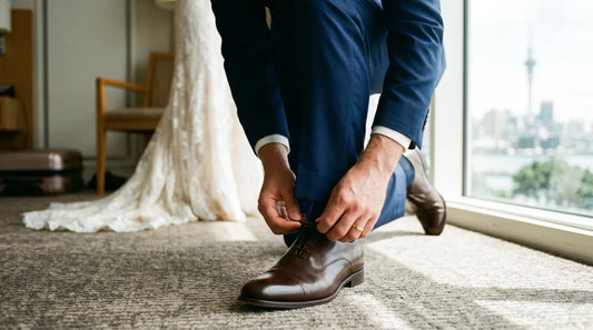 A close-up shot of a groom in a royal blue wedding suit kneeling near a large window to tie his burnished dark brown leather cap-toe oxford dress shoes, with the bride's white lace wedding dress visible in the background.