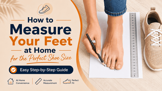 An informational graphic titled "How to Measure Your Feet at Home for the Perfect Shoe Size," showing a top-down view of someone tracing their bare foot on paper next to a ruler and sneaker.