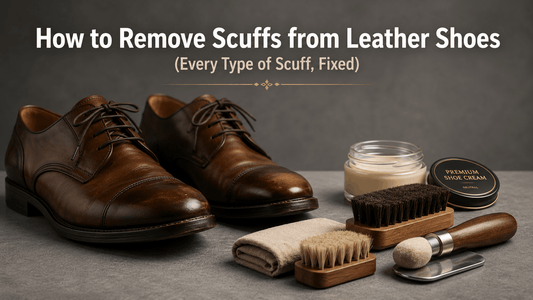 An informational graphic titled "How to Remove Scuffs from Leather Shoes (Every Type of Scuff, Fixed)," displaying a pair of worn brown leather dress shoes surrounded by shoe cleaning tools including brushes, cloths, and premium shoe cream.
