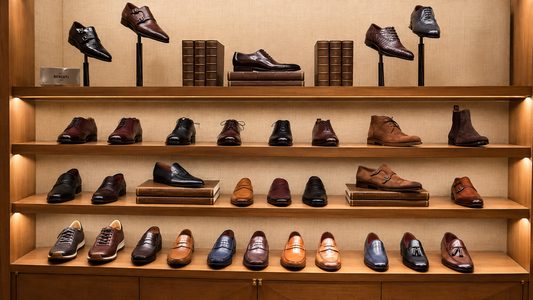 An elegant multi-tiered wooden storage unit in a luxury boutique showing a wide selection of men's dress shoes, including Oxfords, monk straps, loafers, and Chelsea boots arranged neatly alongside decorative books and accent stands.