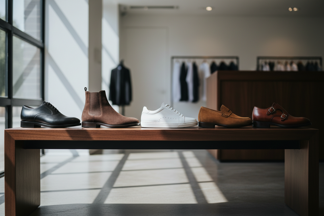 A curated lineup of premium men's shoes on a dark wood bench, featuring a black leather Oxford, brown suede Chelsea boot, white minimalist leather sneaker, tan suede loafer, and mahogany double monk strap shoe