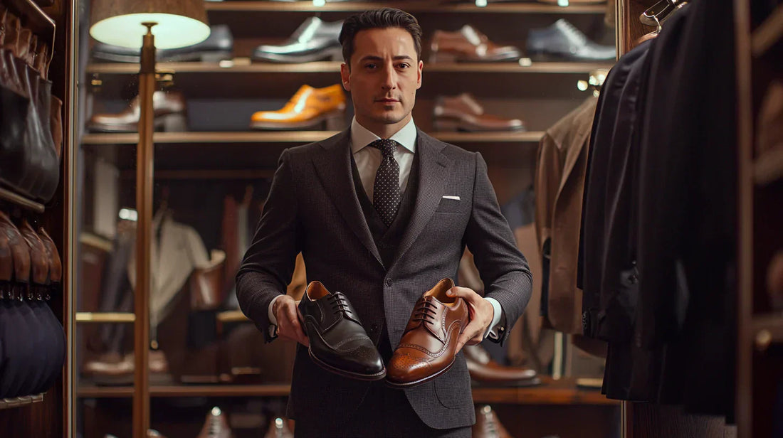 Professional stylist in a three-piece suit holding a black Oxford and a brown brogue in a luxury walk-in closet.