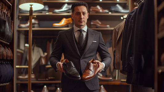 Professional stylist in a three-piece suit holding a black Oxford and a brown brogue in a luxury walk-in closet.