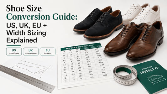 An informational graphic titled "Shoe Size Conversion Guide: US, UK, EU + Width Sizing Explained", featuring a Men's Shoe Size Conversion chart