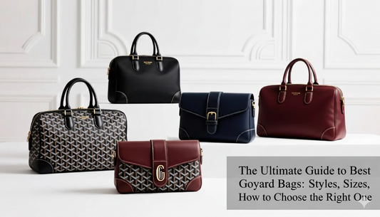 A luxurious collection of Goyard-style handbags in various colors and patterns, including classic black, deep burgundy, and navy blue, with a text overlay reading 'The Ultimate Guide to Best Goyard Bags: Styles, Sizes, How to Choose the Right One