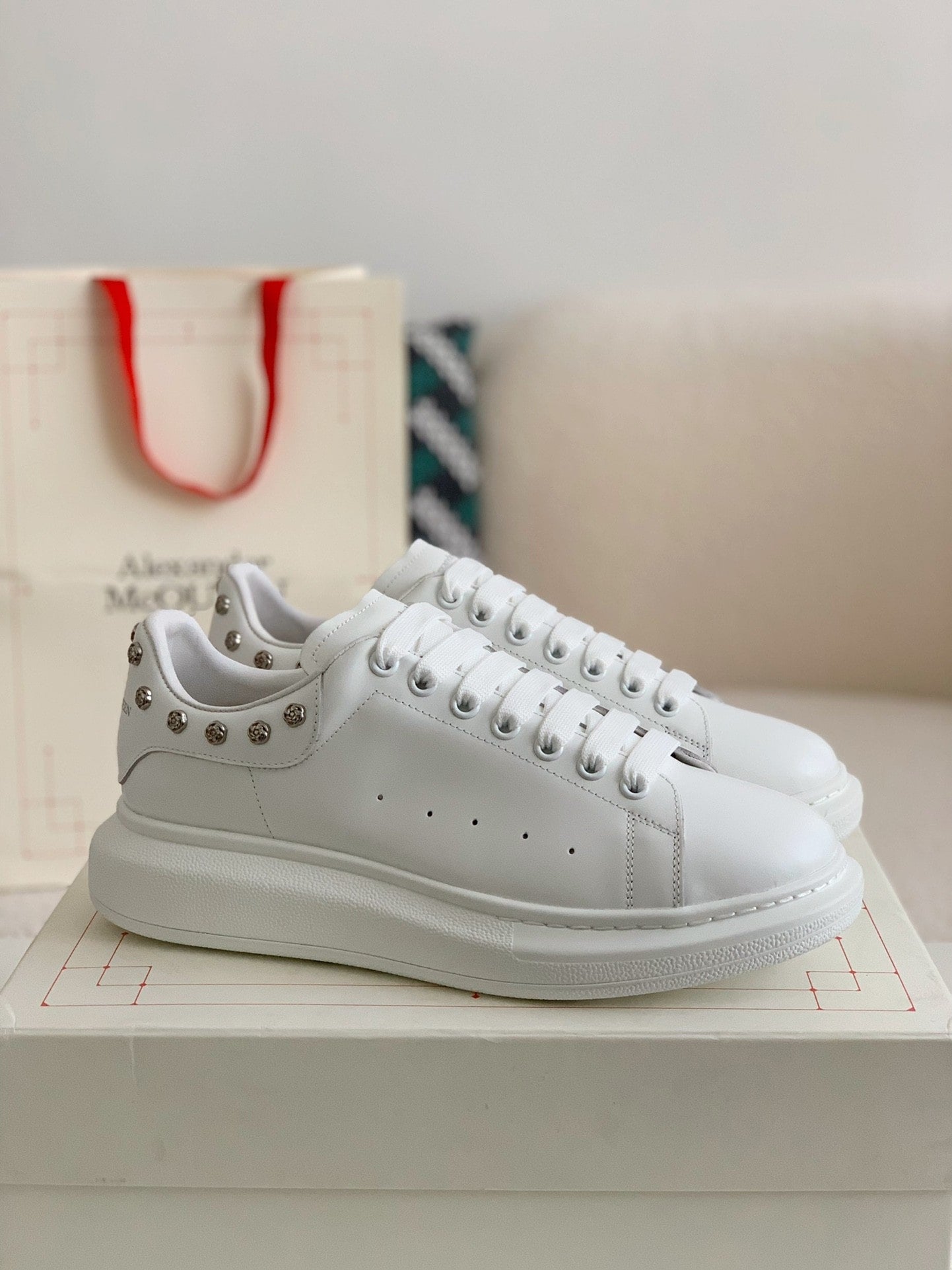 Alexander McQueen Men's White Leather Oversized Sneakers with