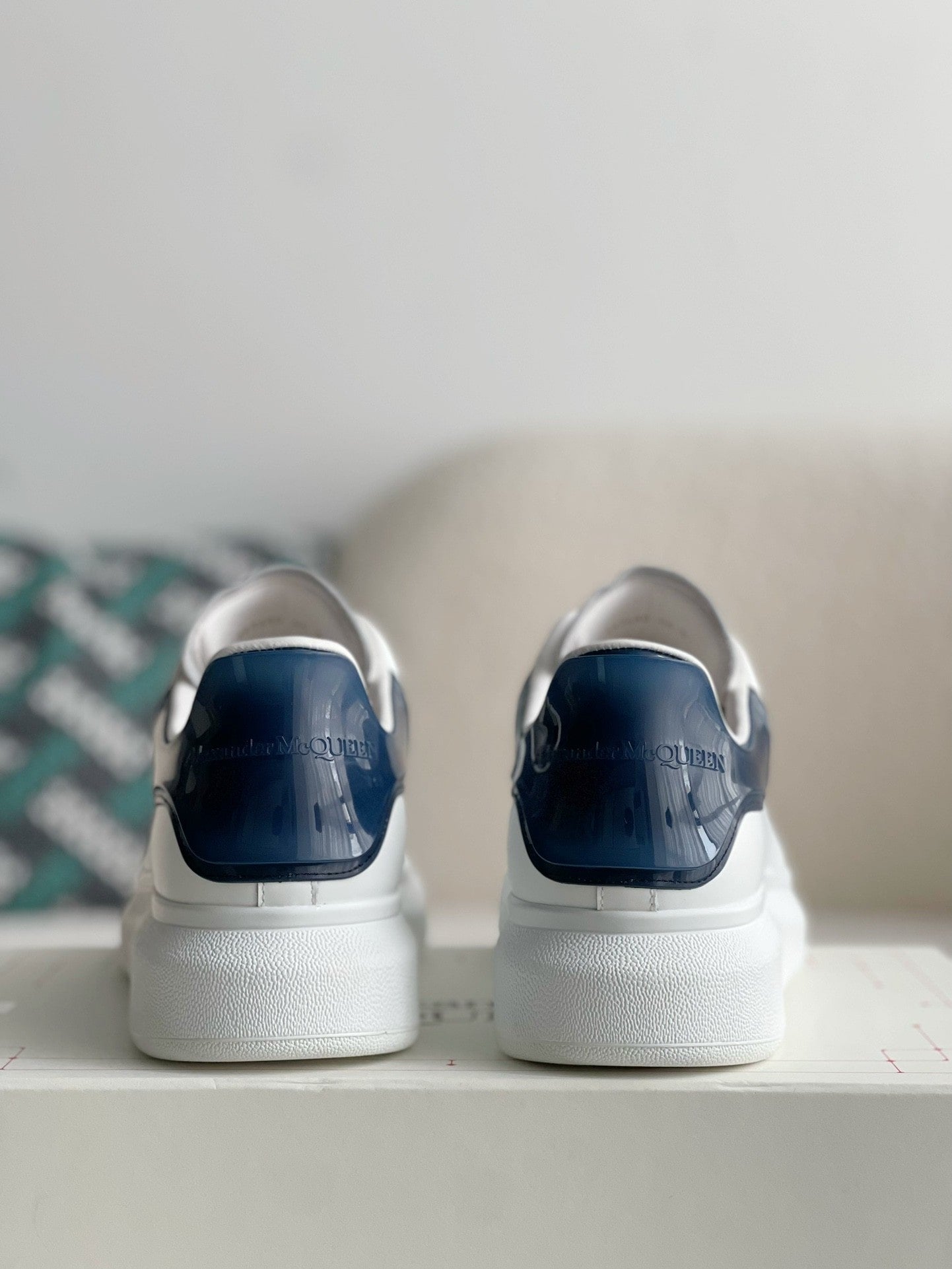 Alexander McQueen White Leather Oversized Sneakers with Navy Blue