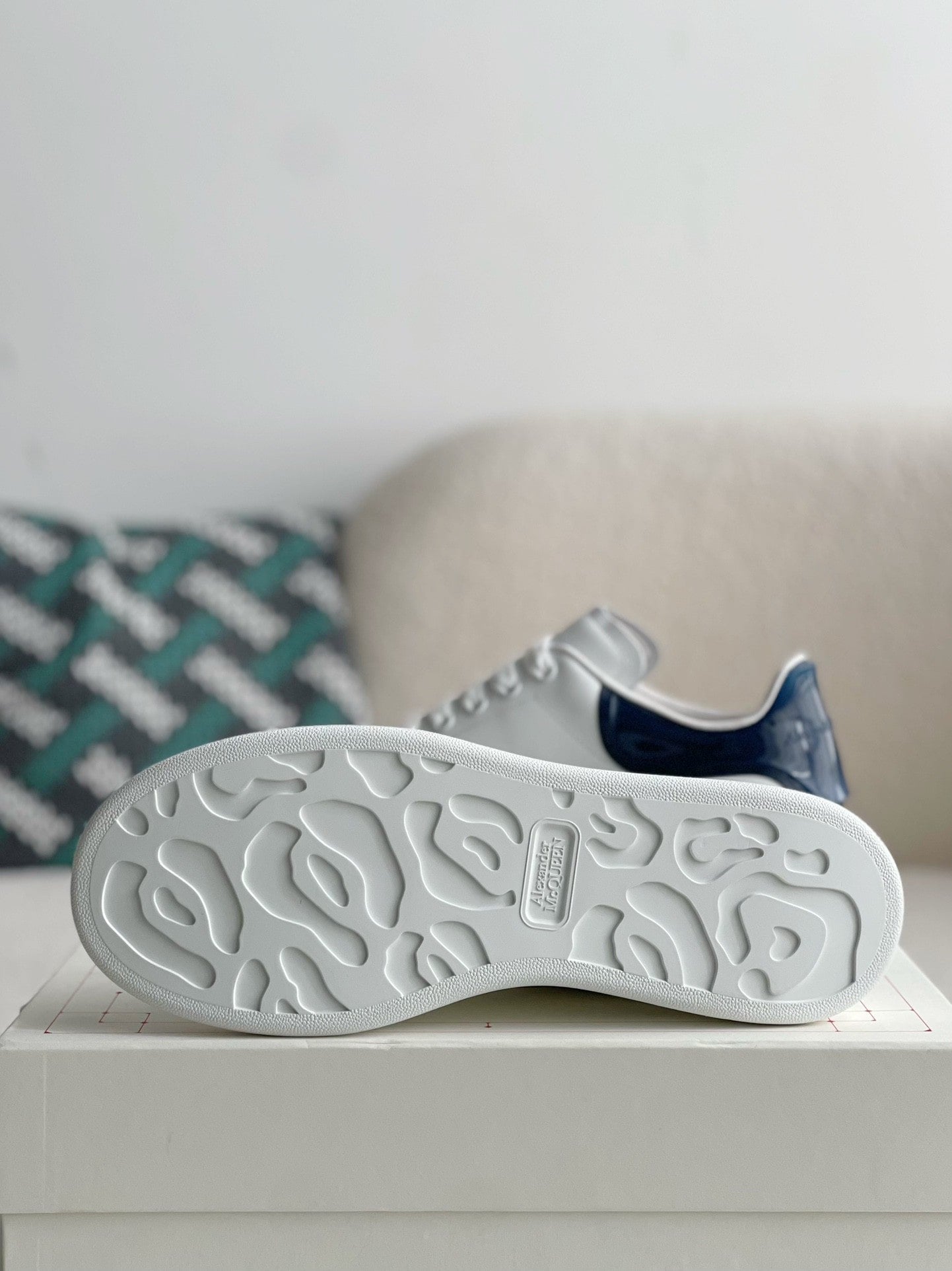 Alexander McQueen White Leather Oversized Sneakers with Navy Blue Pate –  Hollo Shoe