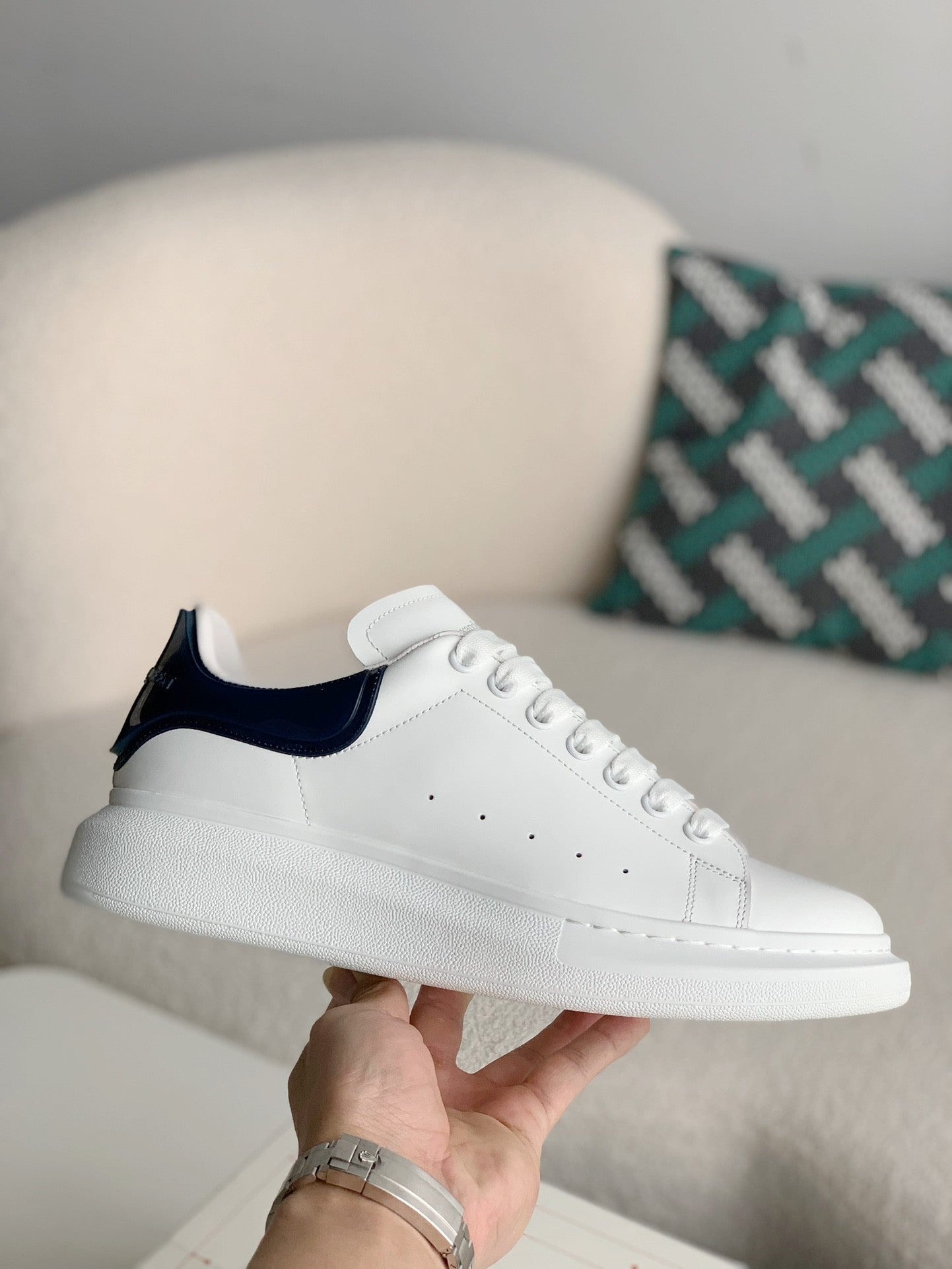 Alexander McQueen White Leather Oversized Sneakers with Navy Blue