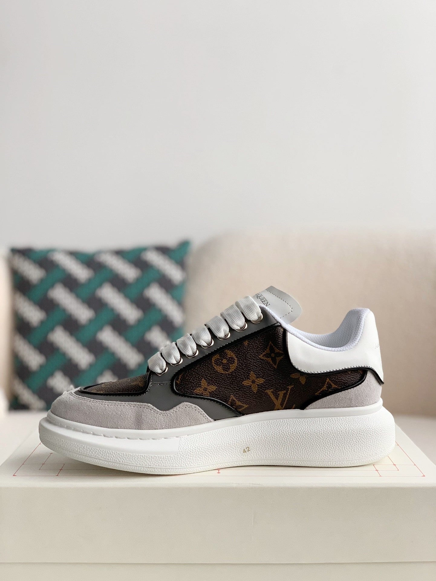 Alexander McQueen x Louis Vuitton Oversized Sneakers with Brown Monogram and Grey Suede Accents