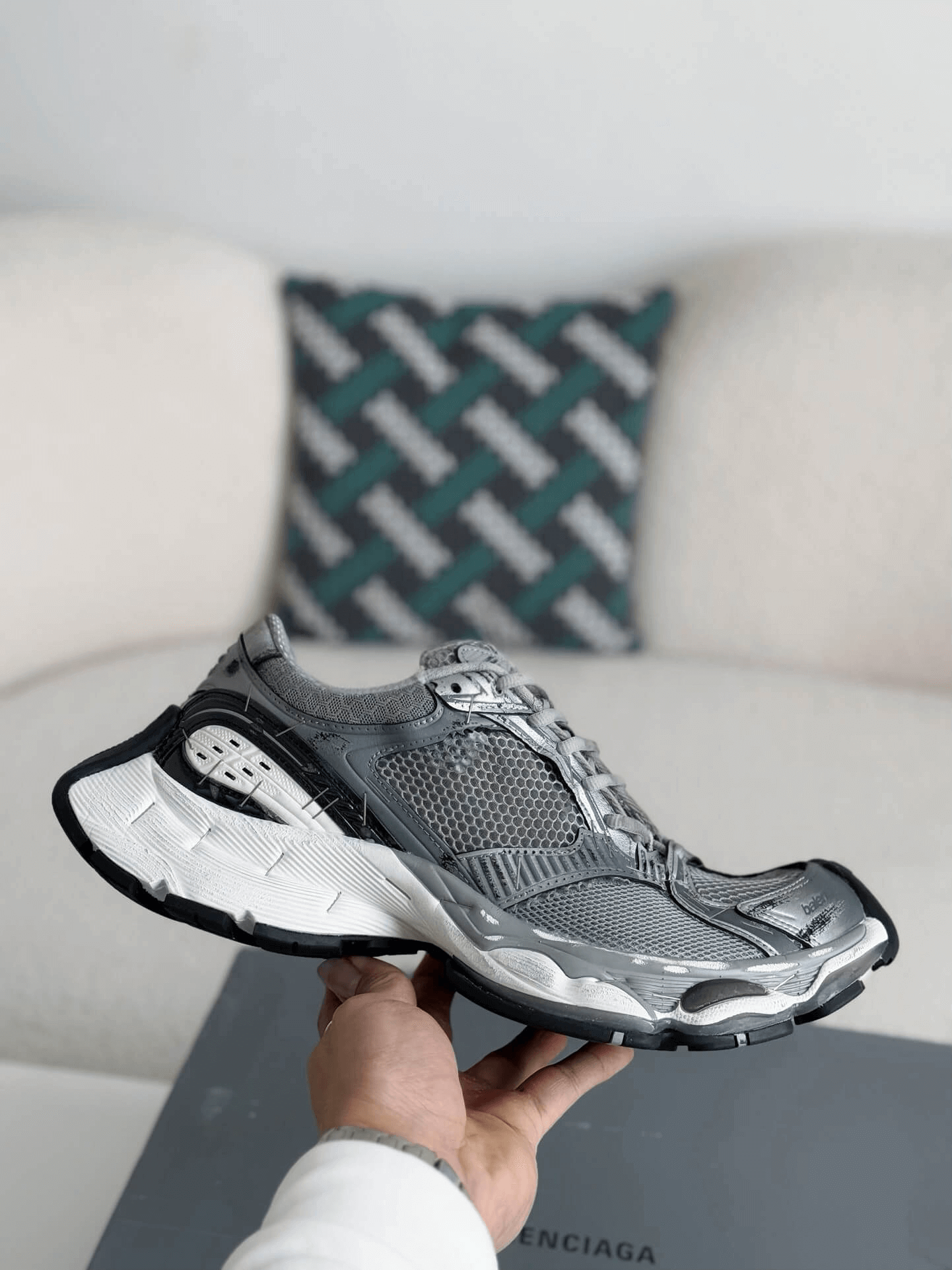 Balenciaga Men's Stapler Sneaker in Grey/ Silver/ Black/ White