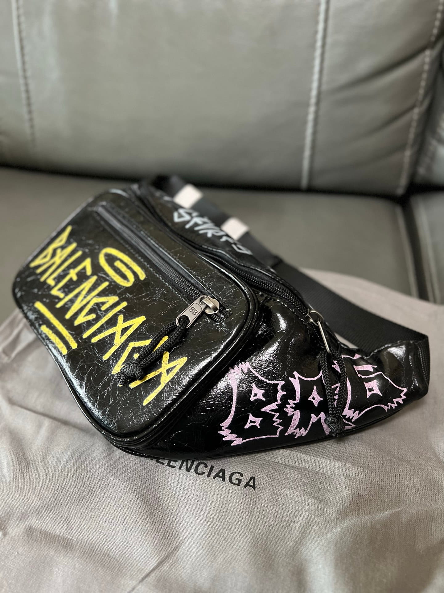 Balenciaga Graffiti Explorer Belt Bag Black Arena Lambskin Leather