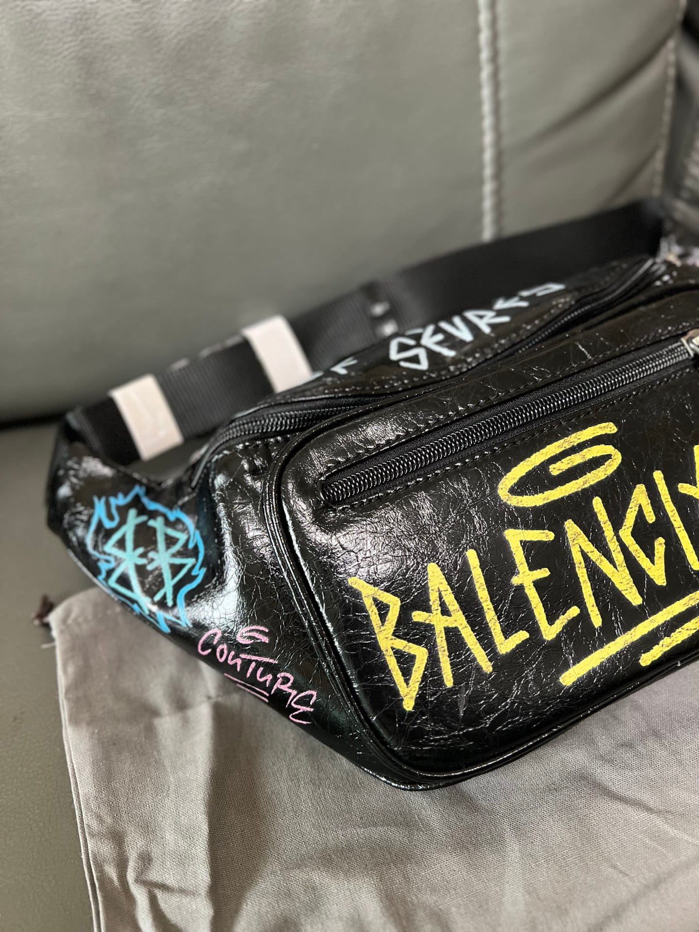 Balenciaga Graffiti Explorer Belt Bag Black Arena Lambskin Leather
