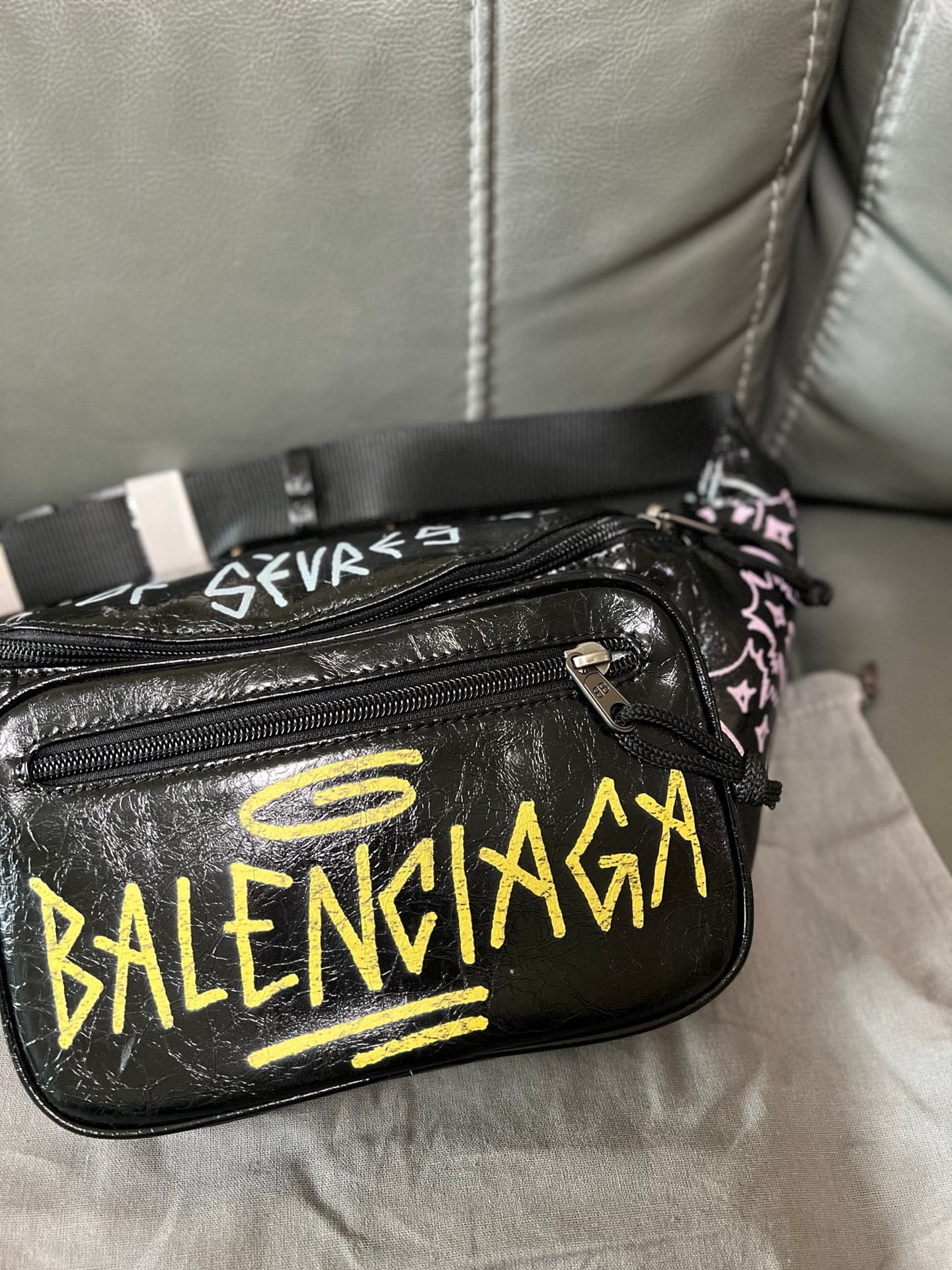 Balenciaga Graffiti Explorer Belt Bag Black Arena Lambskin Leather