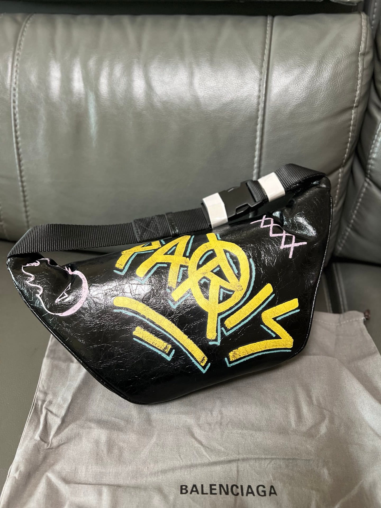 Balenciaga Graffiti Explorer Belt Bag Black Arena Lambskin Leather