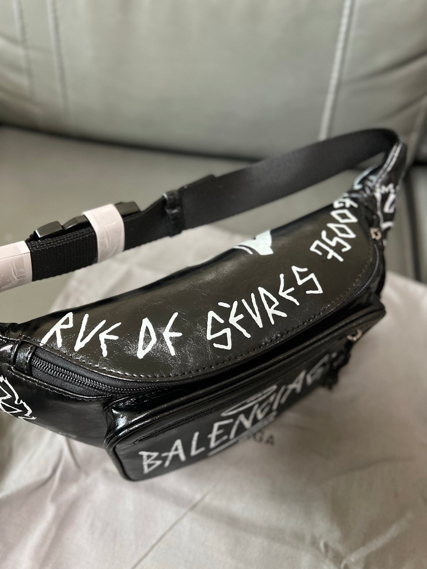 Balenciaga Graffiti Explorer Belt Bag Black Arena Lambskin with White Print