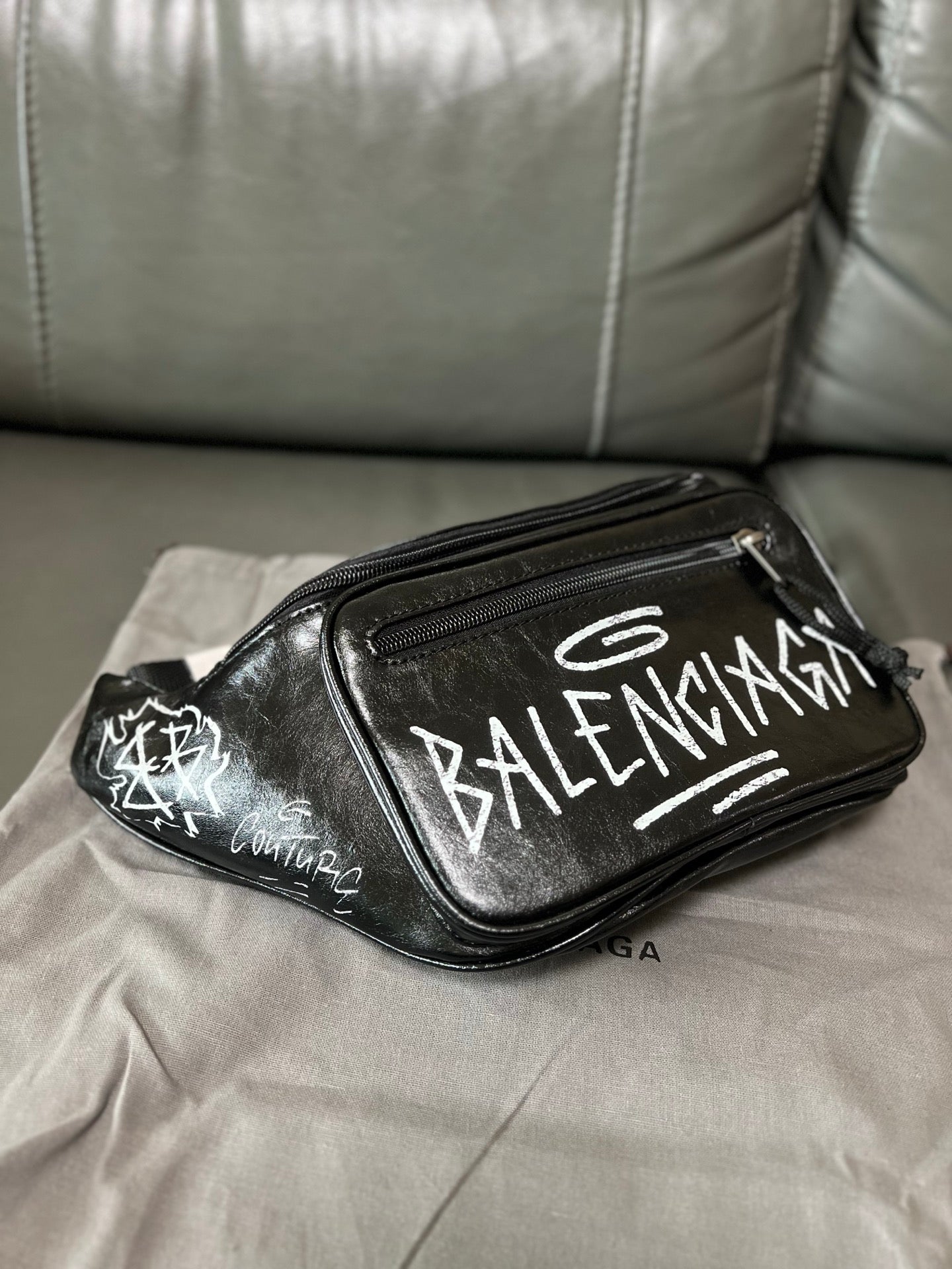 Balenciaga Graffiti Explorer Belt Bag Black Arena Lambskin with White Print