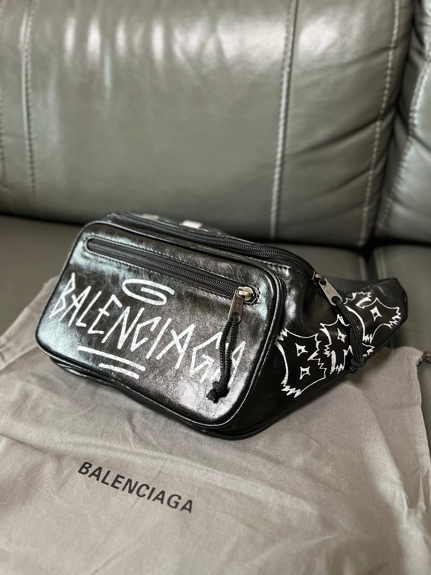 Balenciaga Graffiti Explorer Belt Bag Black Arena Lambskin with White Print
