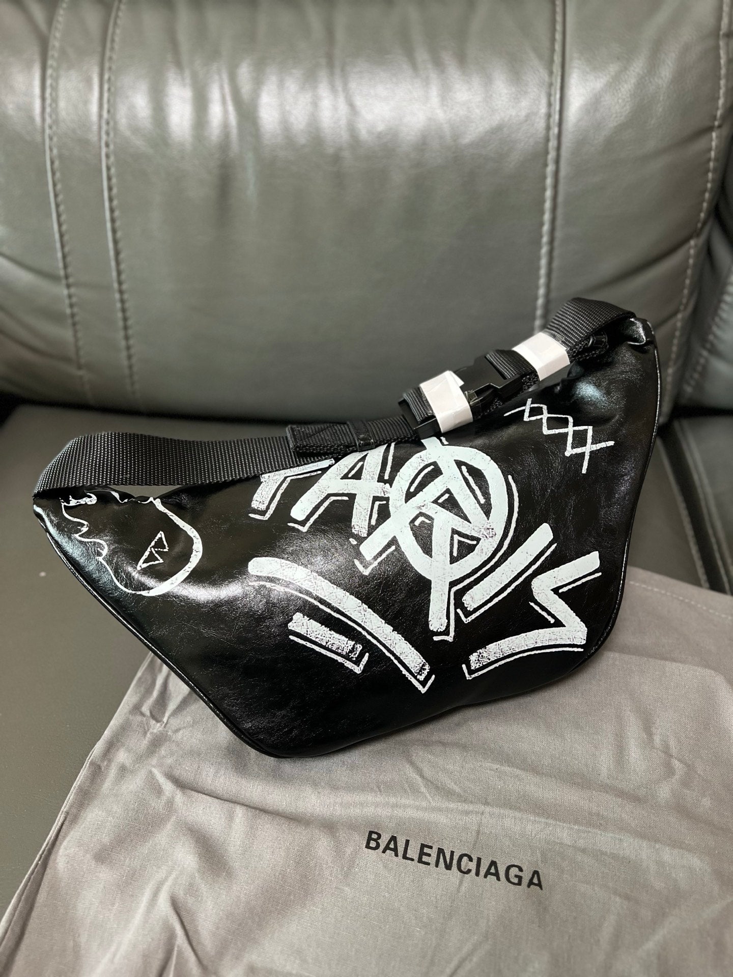 Balenciaga Graffiti Explorer Belt Bag Black Arena Lambskin with White Print