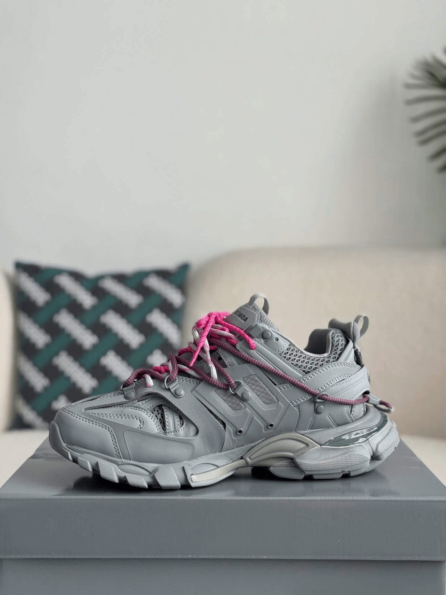 Balenciaga Track Sneaker in Grey with Pink Trail Laces