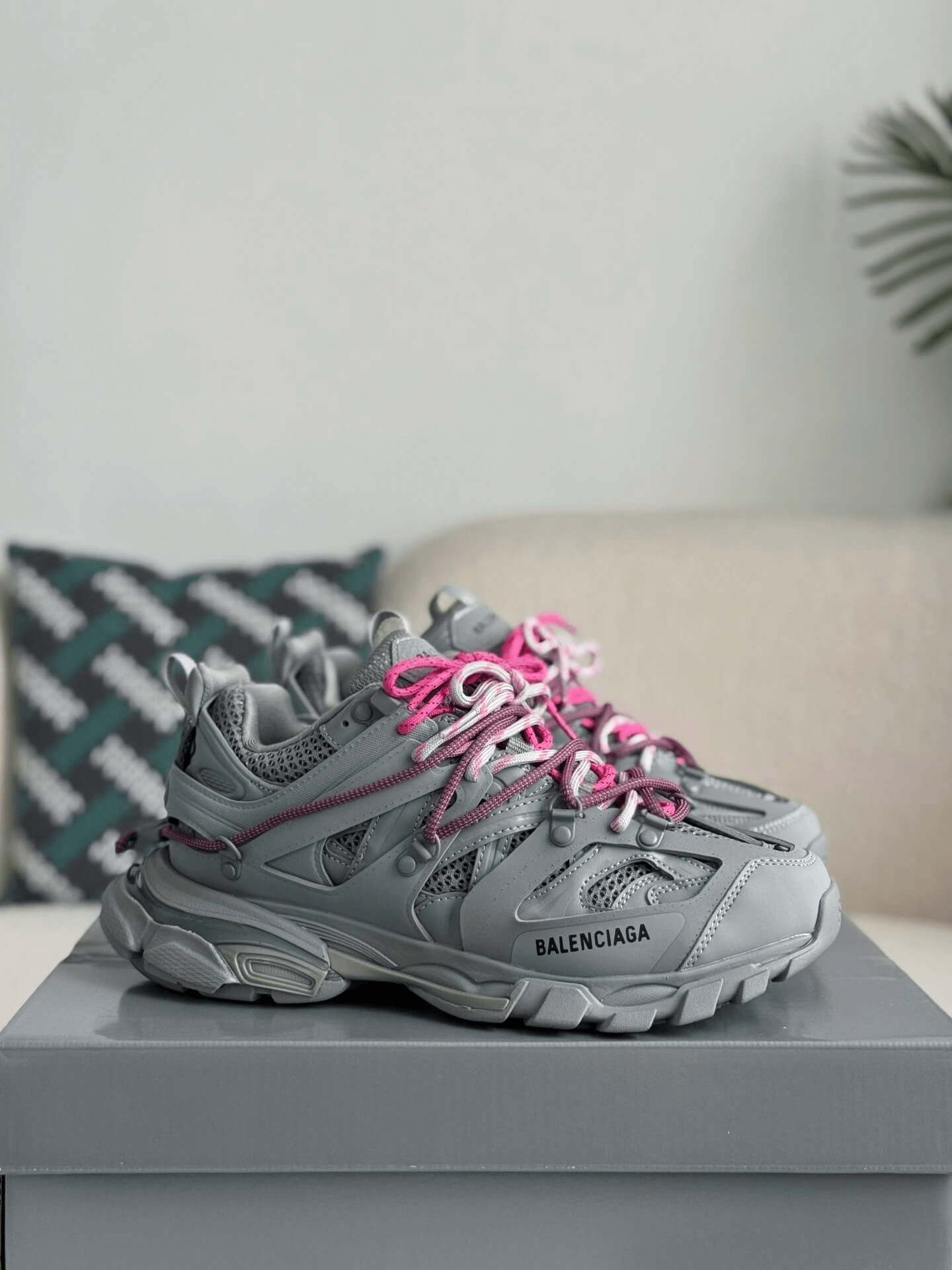 Balenciaga Track Sneaker in Grey with Pink Trail Laces