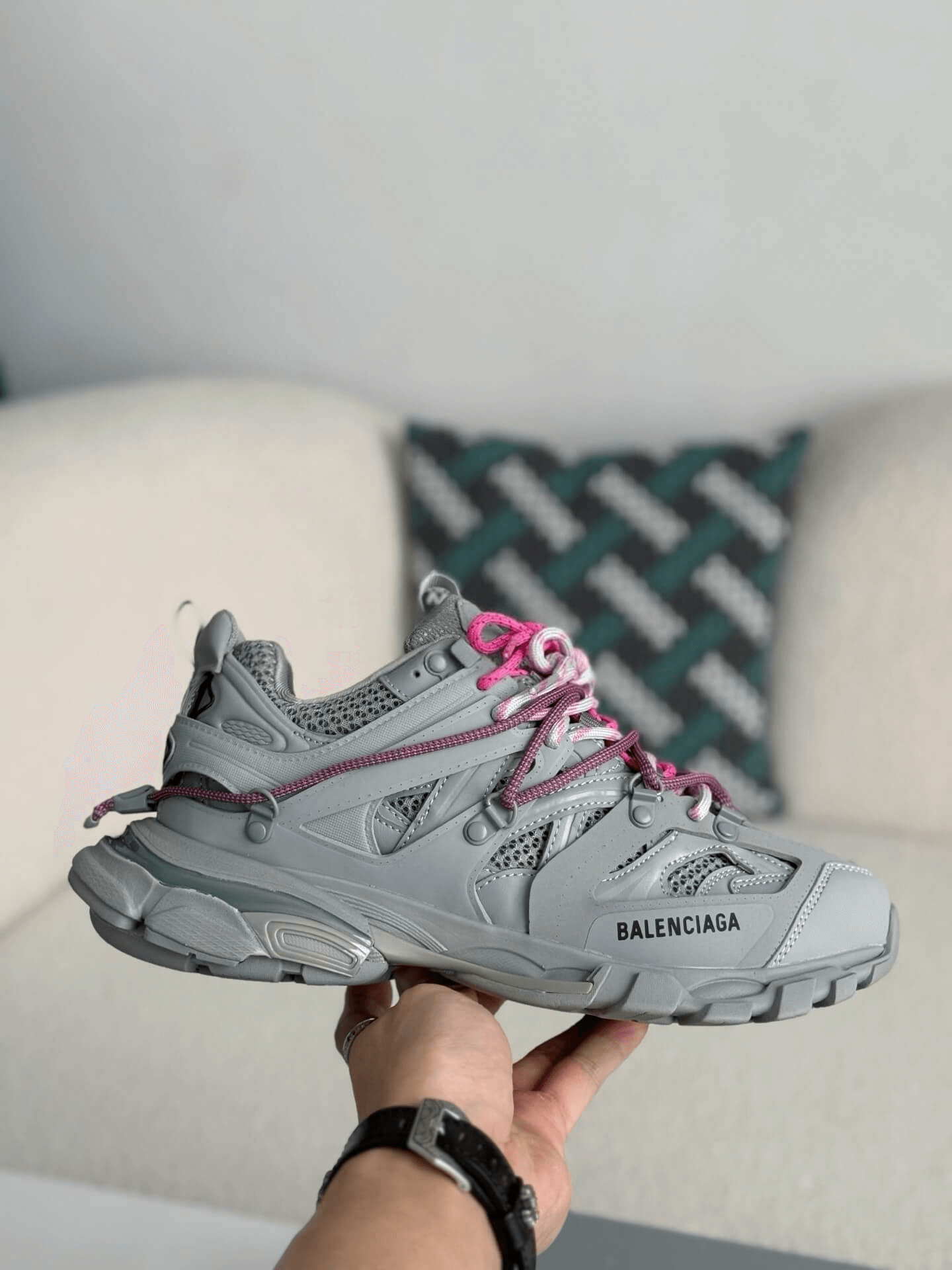 Balenciaga Track Sneaker in Grey with Pink Trail Laces – Hollo Shoe