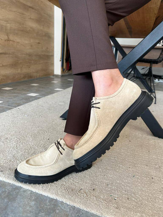Beige Suede Lace-Up Shoes with Thick Soles – worn by a man in brown trousers, showcasing the durable thick EVA sole for everyday wear.