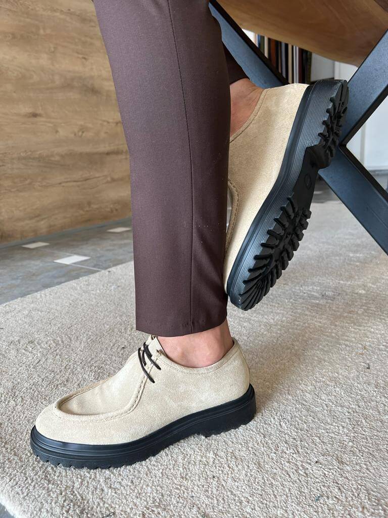 Beige Suede Lace-Up Shoes with Thick Soles – worn by a man in brown trousers, showcasing the durable thick EVA sole for everyday wear.