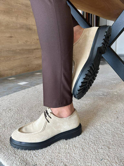 Beige Suede Lace-Up Shoes with Thick Soles – worn by a man in brown trousers, showcasing the durable thick EVA sole for everyday wear.