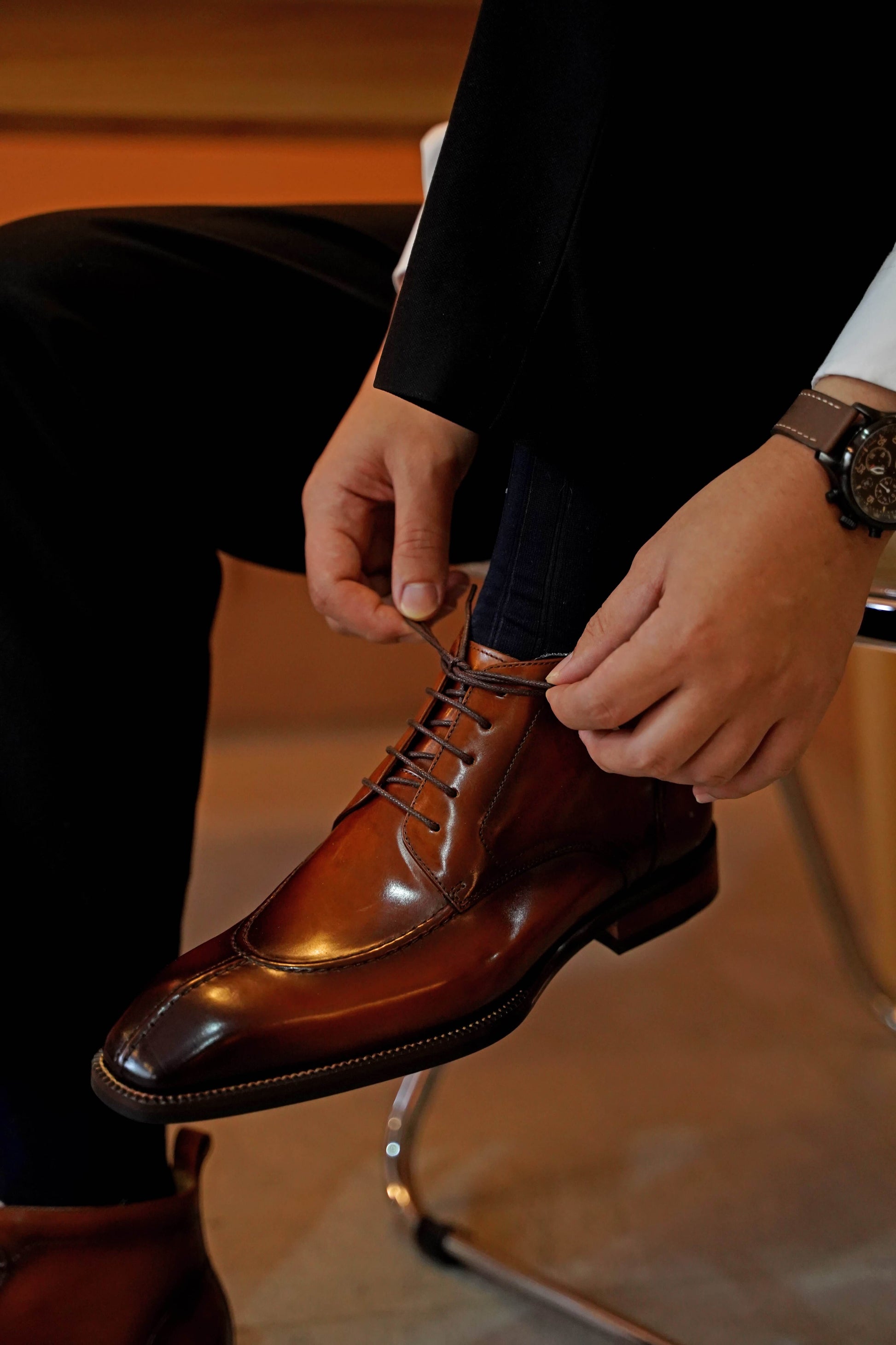 Brown Leather Lace-Up Ankle Boots for Men Formal Smart Casual