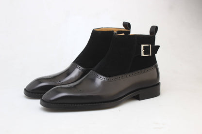 Black Leather and Suede Monk Strap Ankle Boot