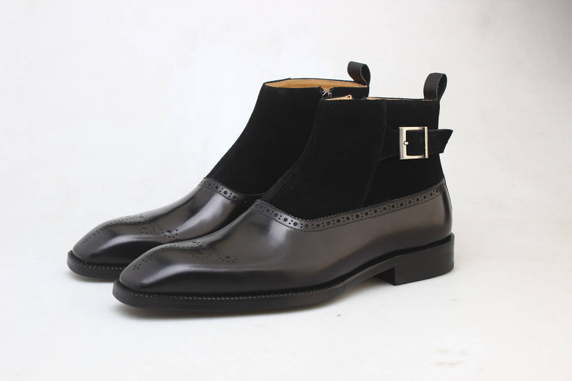 Brown Leather and Suede Monk Strap Ankle Boot