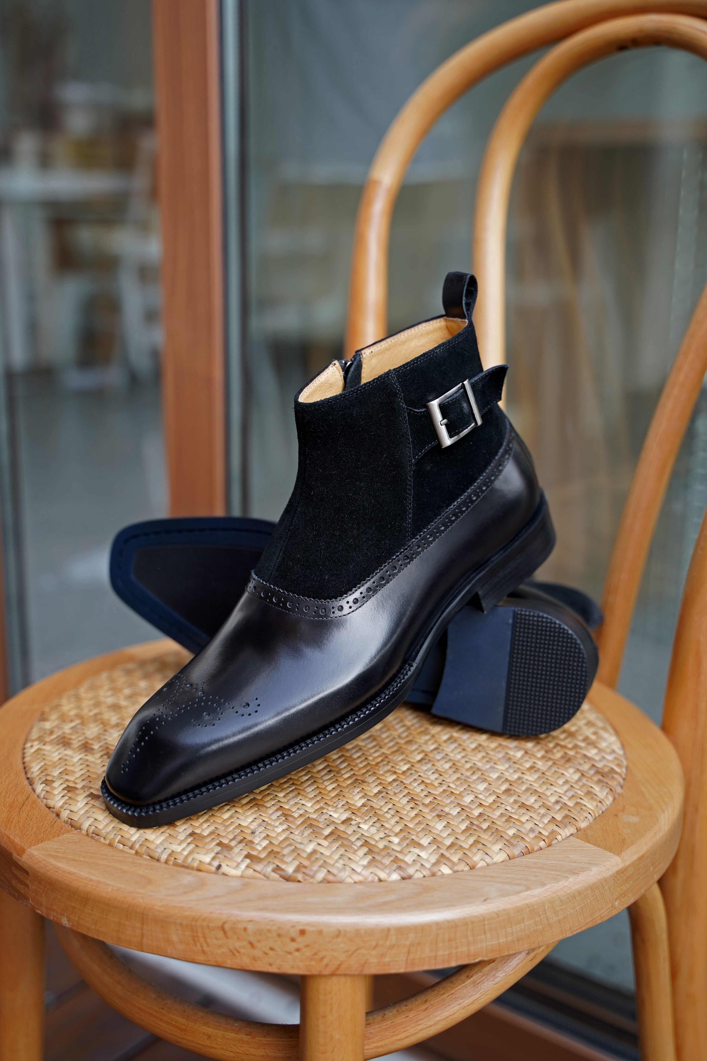 Black Leather and Suede Monk Strap Ankle Boot