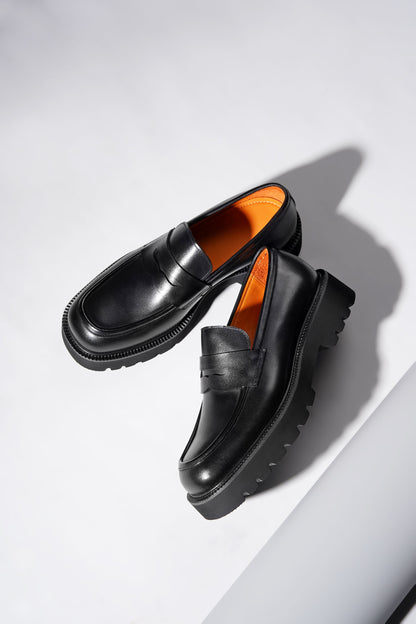Black Leather Eva Sole Penny Loafers for Men