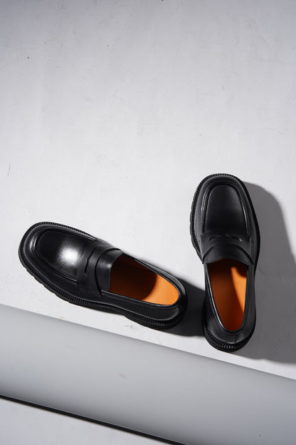 Black Leather Eva Sole Penny Loafers for Men