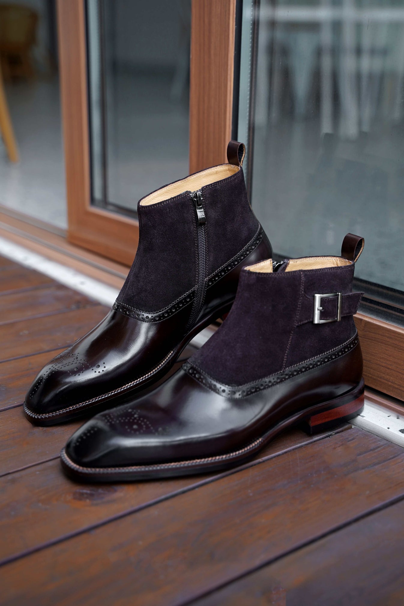 Black Leather and Suede Monk Strap Ankle Boot