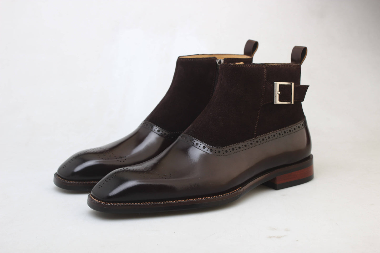 Brown Leather and Suede Monk Strap Ankle Boot