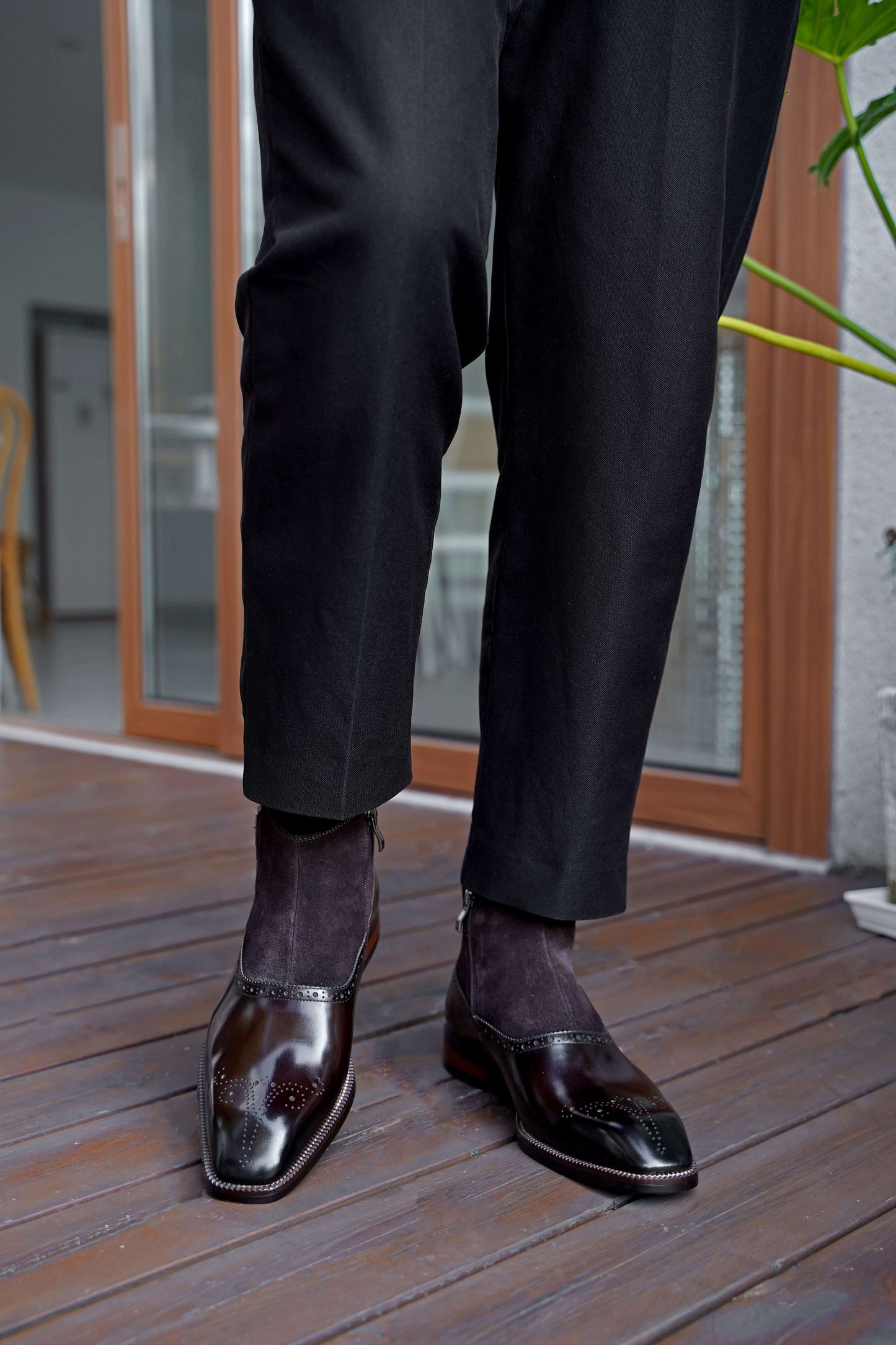 Brown Leather and Suede Monk Strap Ankle Boot