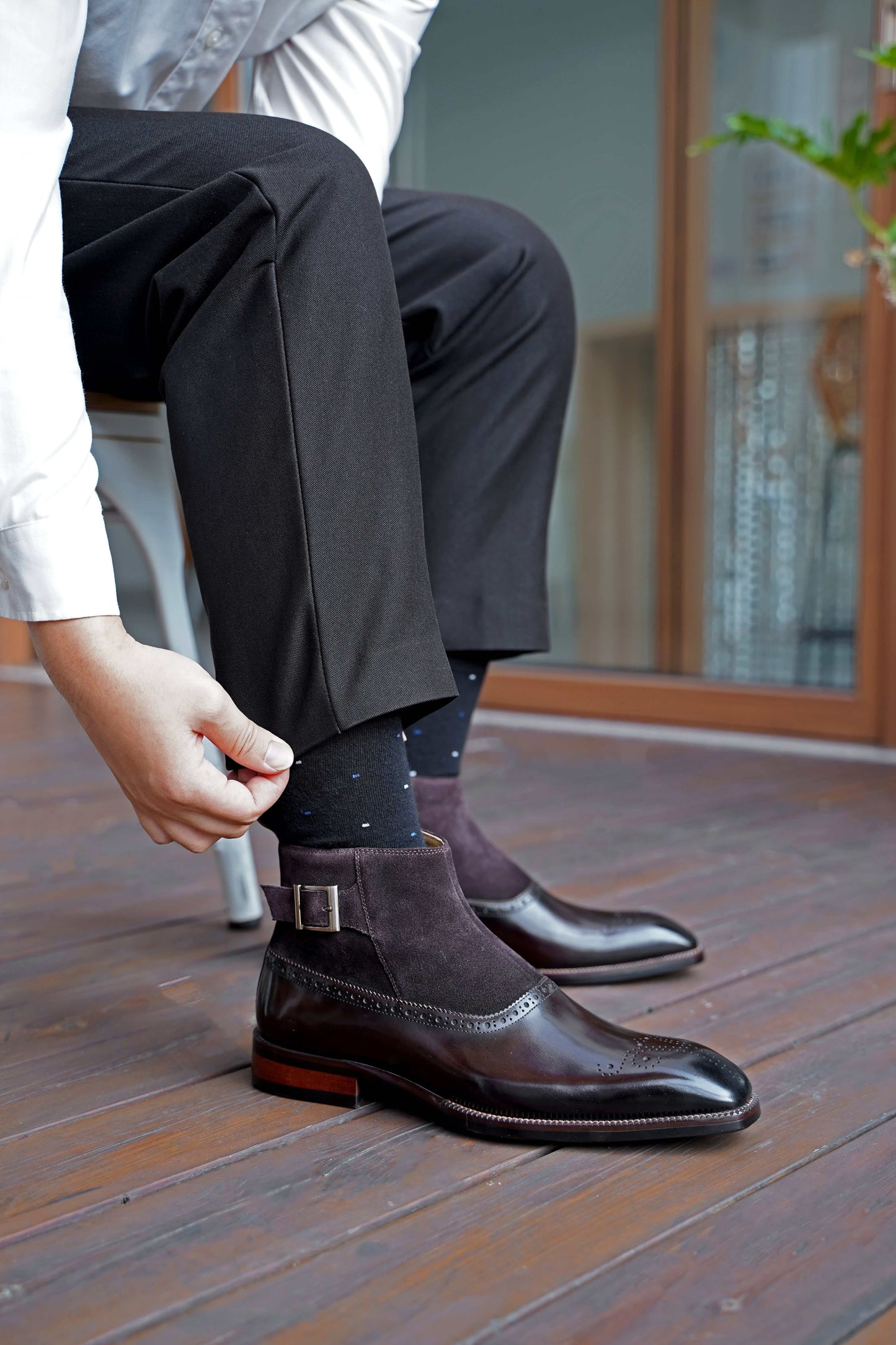 Brown Leather and Suede Monk Strap Ankle Boot